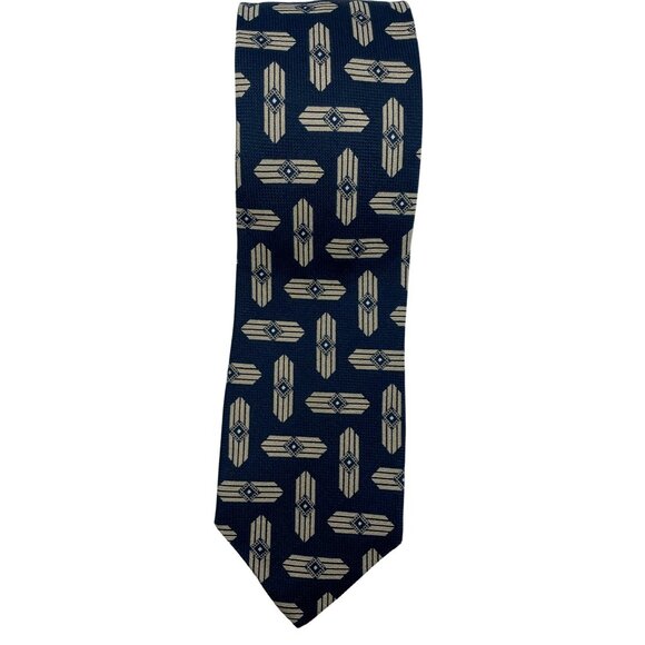 Giorgio Armani Cravatte Men Silk Tie Geometric Pattern Navy Blue Tan Beige Italy - Picture 2 of 6